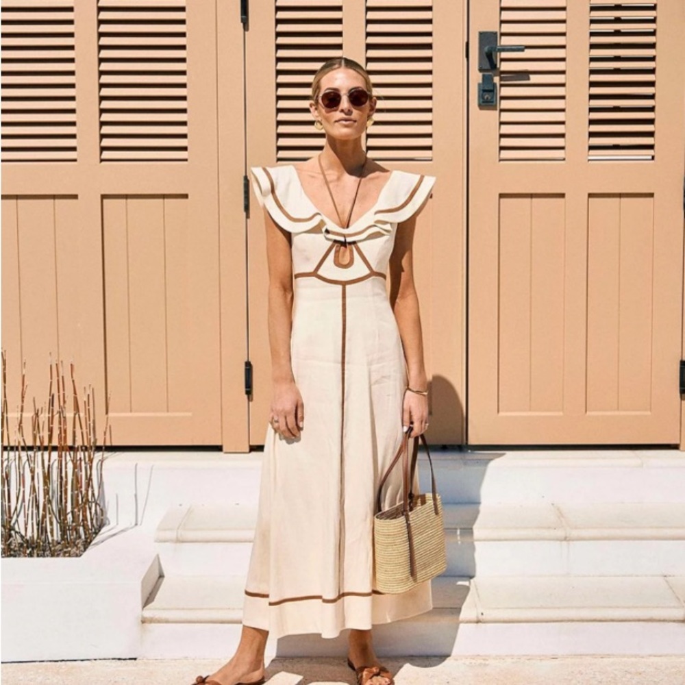 Antoni Melani Cream Maxi Dress with Brown Trim